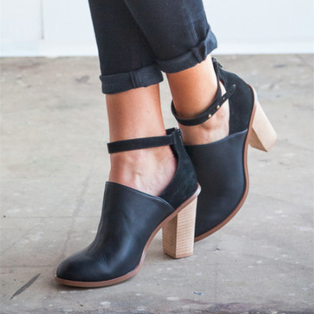 Black Retro Ankle Strap Chunky Heel Ankle Boots Vdcoo