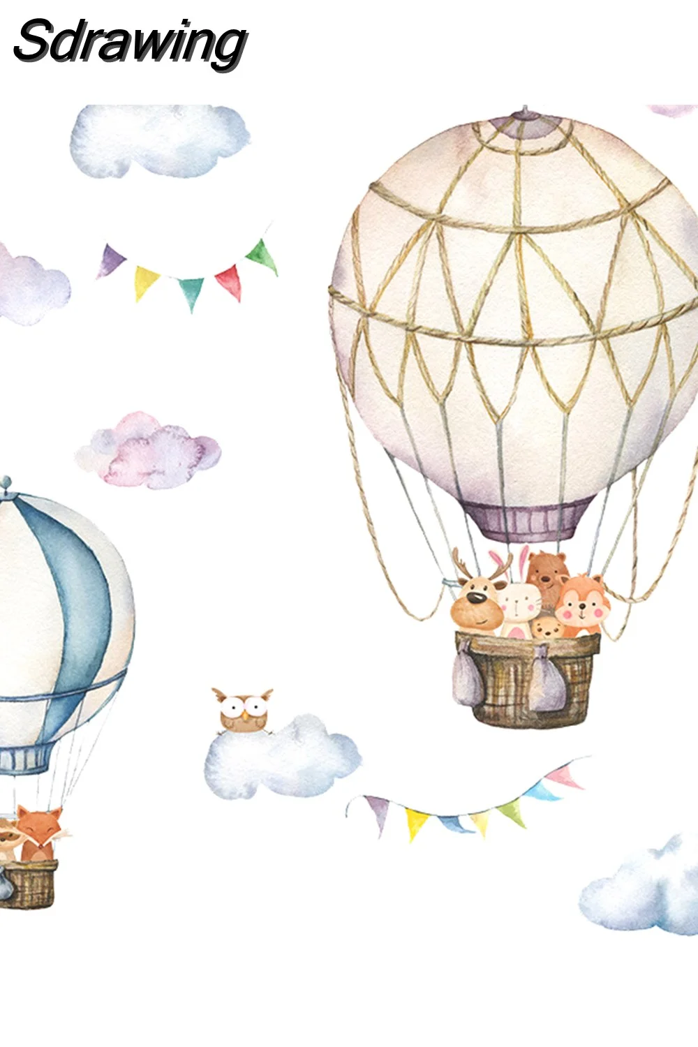 Sdrawing Animals Hot Air Balloon Clouds Wall Stickers Blue Color for Kids Room Baby Nursery Room Wall Decals Boy Room Stickers