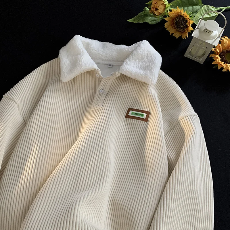 Aonga men winter outfits Corduroy Polo Collar Sweater Men's Autumn and Winter Fleece-lined Thickened Lamb Wool Coat Couple's Winter Hong Kong Style Green aonga