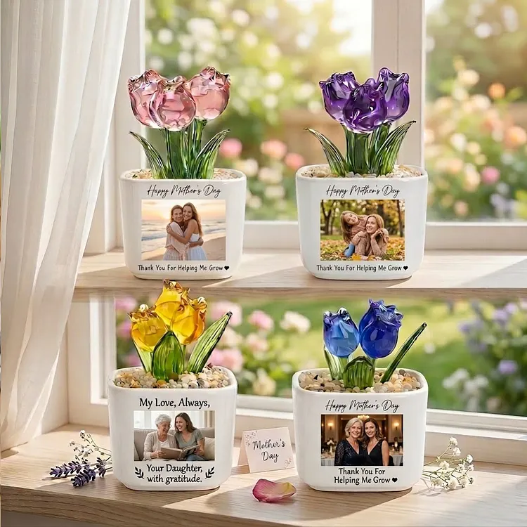 Personalized Photo Glass Tulip Potted Plant - Custom Flower Pot with Picture, Photo Gift for Mom, Mother&rsquo;s Day Gift, Birthday Gift for Mom - Personalized Photo Glass Tulip