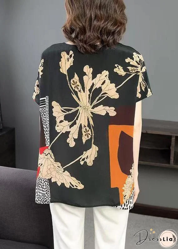 Plus Size Black Print Side Open Patchwork Silk T Shirt Summer