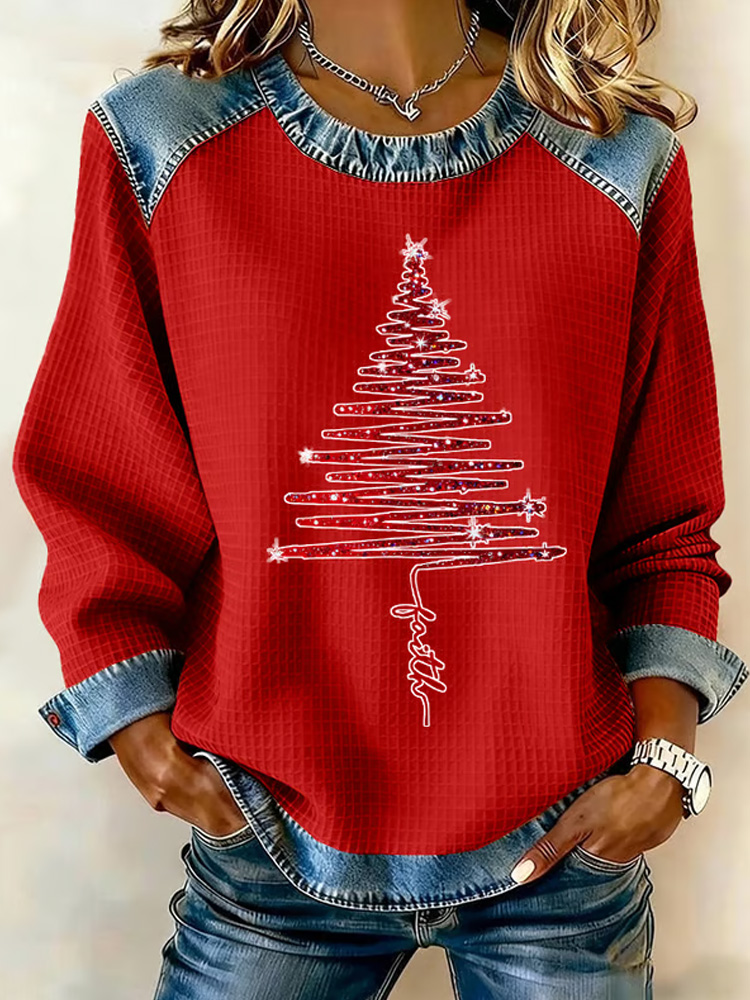 Women's Christmas Waffle Crew Neck Casual Sweatshirt wearshes