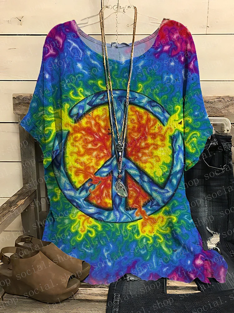 Women's Hippie Peace Sign Crew Neck Short Sleeve Top socialshop