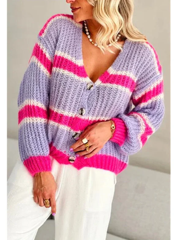 Women's V-neck Long Sleeve Striped Top Knit Sweater