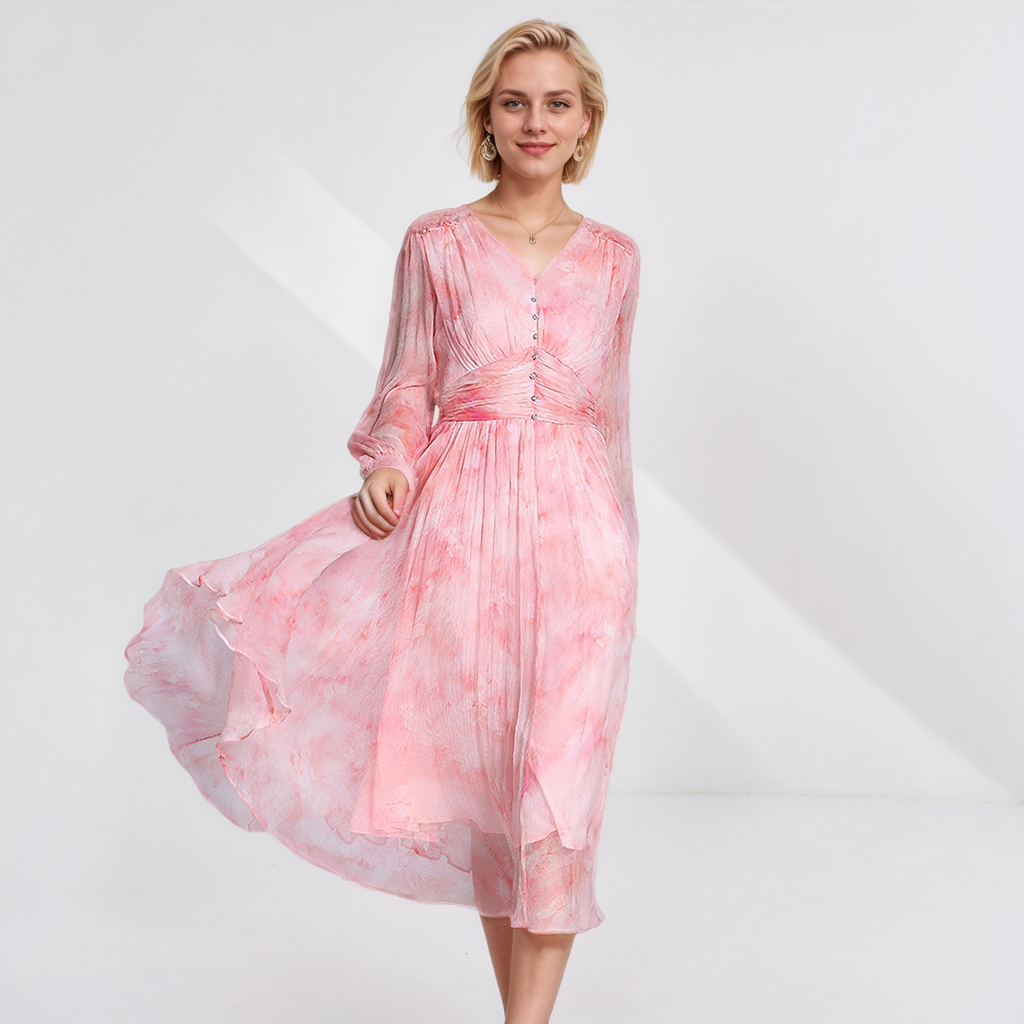 Sweet Silk Midi Dress With Long Sleeves For Vacation REAL SILK LIFE