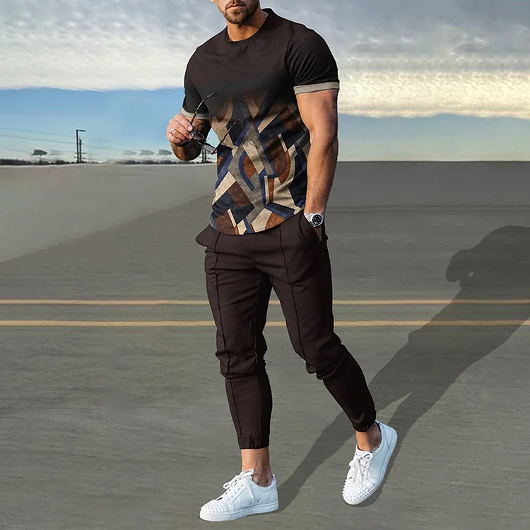 BrosWear Brown Geometric Gradient T-Shirt And Pants Co-Ord