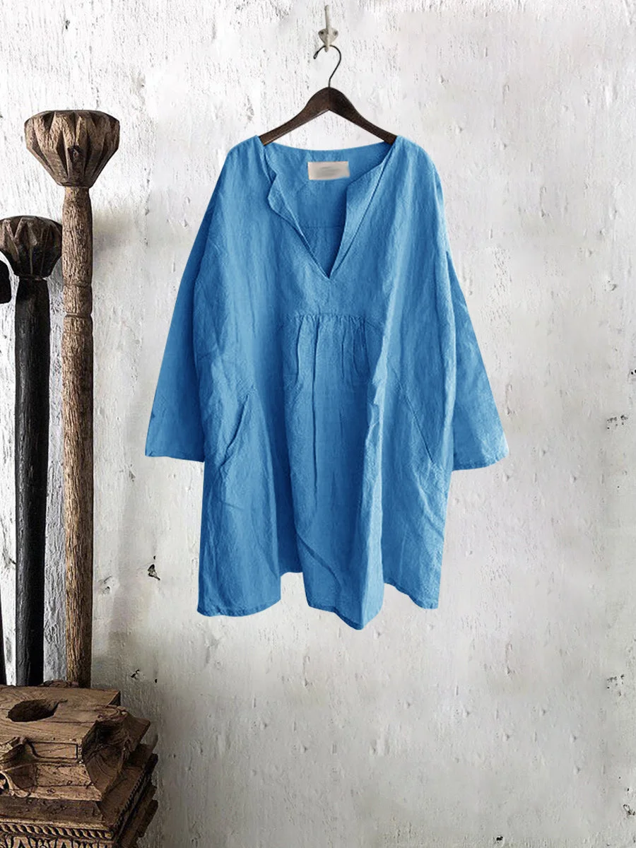 Womens Linen Solid Color V-neck Casual Tee