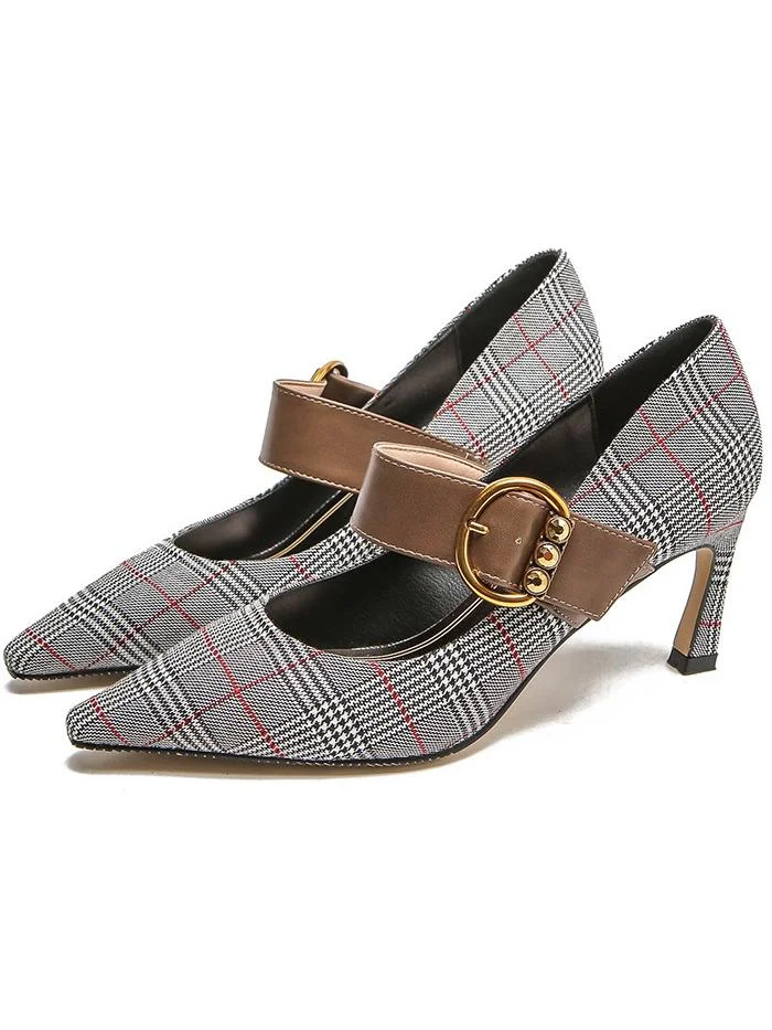Shallow pointed toe stiletto heels with metal buckle plaid high heels