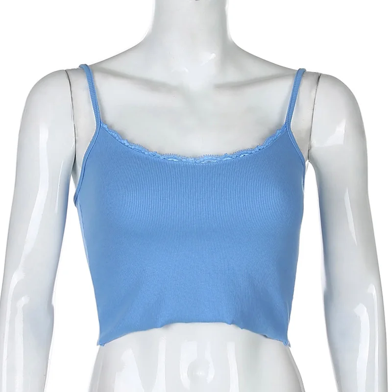 2023 Style Spaghetti Strap V Neck with Lace Cropped Tops Summer Fashion Ribbed Solid Backless Blue Cami Streetwear