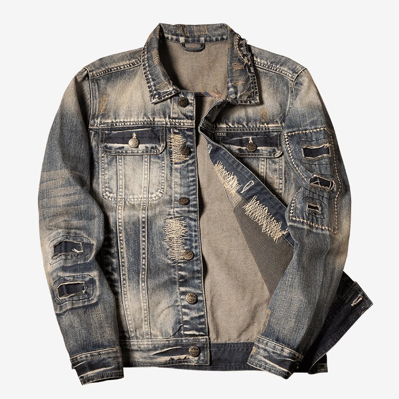 Vintage Distressed Ripped Denim Stitching Utility Biker Jacket