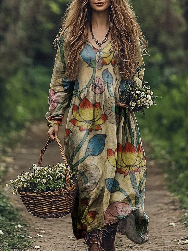 Women's Vintage Flower Print Pocket Cotton Dress