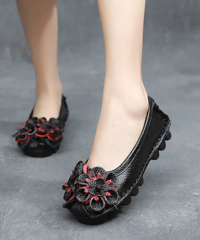 Black Cowhide Leather Splicing Floral Flat Shoes For Women