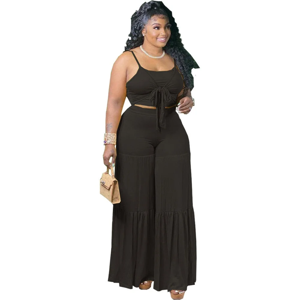 Plus Size Sets Two Piece Women Clothing Solid Tank Top Bandage Casual Wide Leg Pants Fashion Tracksuit Wholesale Dropshipping