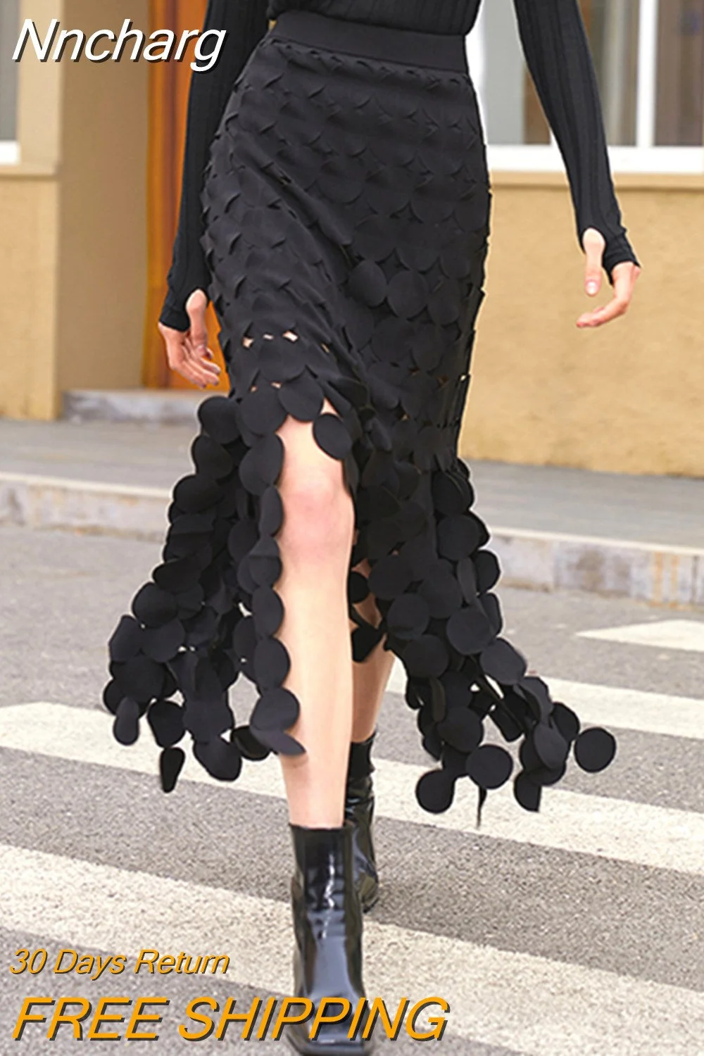 Nncharge Black Cut Out Midi Skirt For Women High Waist Solid Patchwork Tassel Hem Long Skirts Female Fashion Clothing Summer