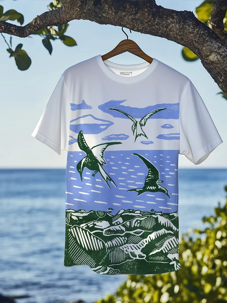 Men's Vacation Woodblock Ocean Print T-Shirt