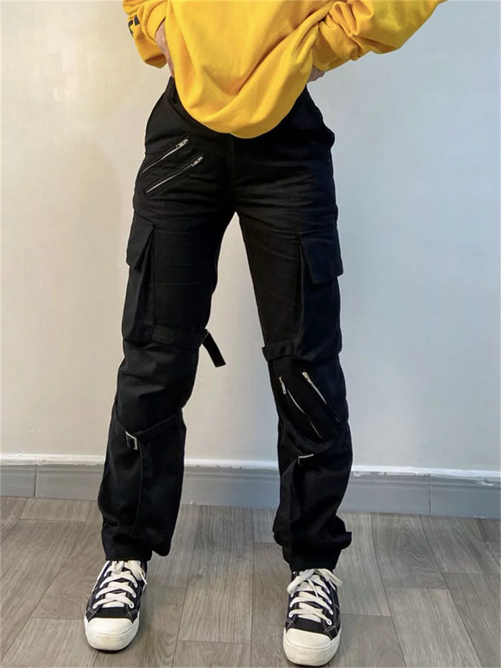 Jangj Punk Pants Zipper Hippie Black Cargo Pants Gothic Mall Goth Pants Joggers Harajuku Bandage Trousers Women Sporty Pocket Jogger