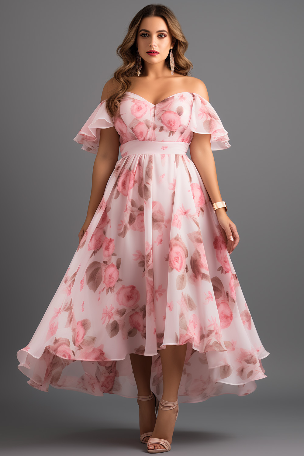 Flycurvy Plus Size Vacation Pink Chiffon Floral Print Off The Shoulder High Low Hem Maxi Dress 2024 - Flycurvy 