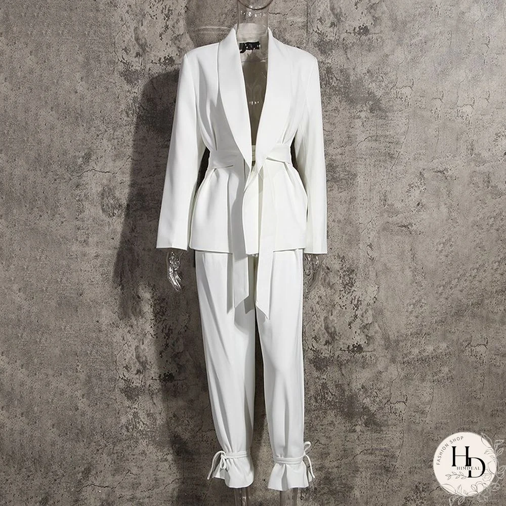 Women V Neck Long Sleeve Blazer High Waist Wide Leg Pants Sets