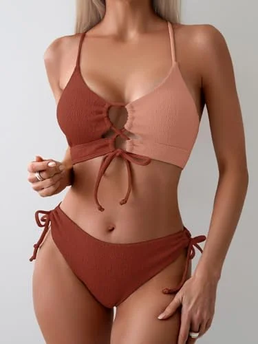 Women's Sexy Bikini Set Color Block Lace Up 2 Piece Bathing Suit Tie Side Swimsuit