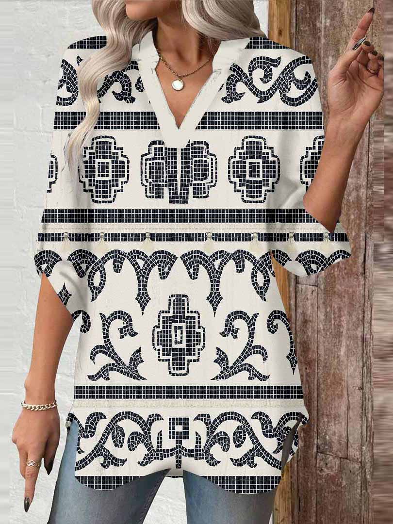 Women Bohemian, Black, White DZGA0148 3/4 Sleeve V-neck Printed Graphic Button Tops