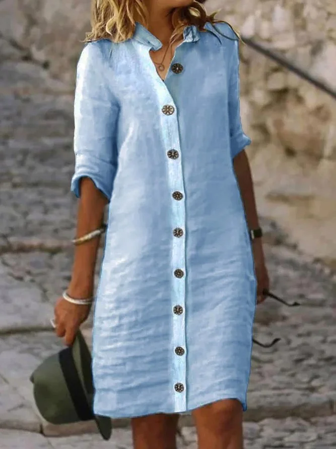 Cotton Linen Shirt Collar Half Sleeve Round Button Sheer Cardigan Dress