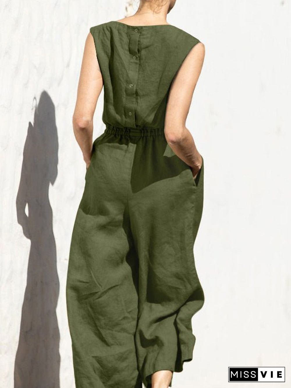 Women'S Jumpsuits Solid Elastic Waist Pocket Sleeveless Jumpsuit
