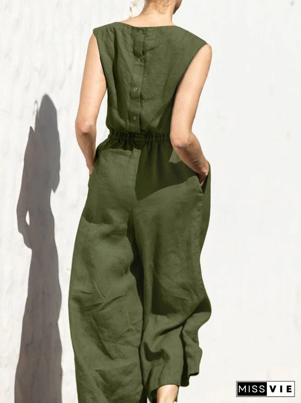 Women'S Jumpsuits Solid Elastic Waist Pocket Sleeveless Jumpsuit