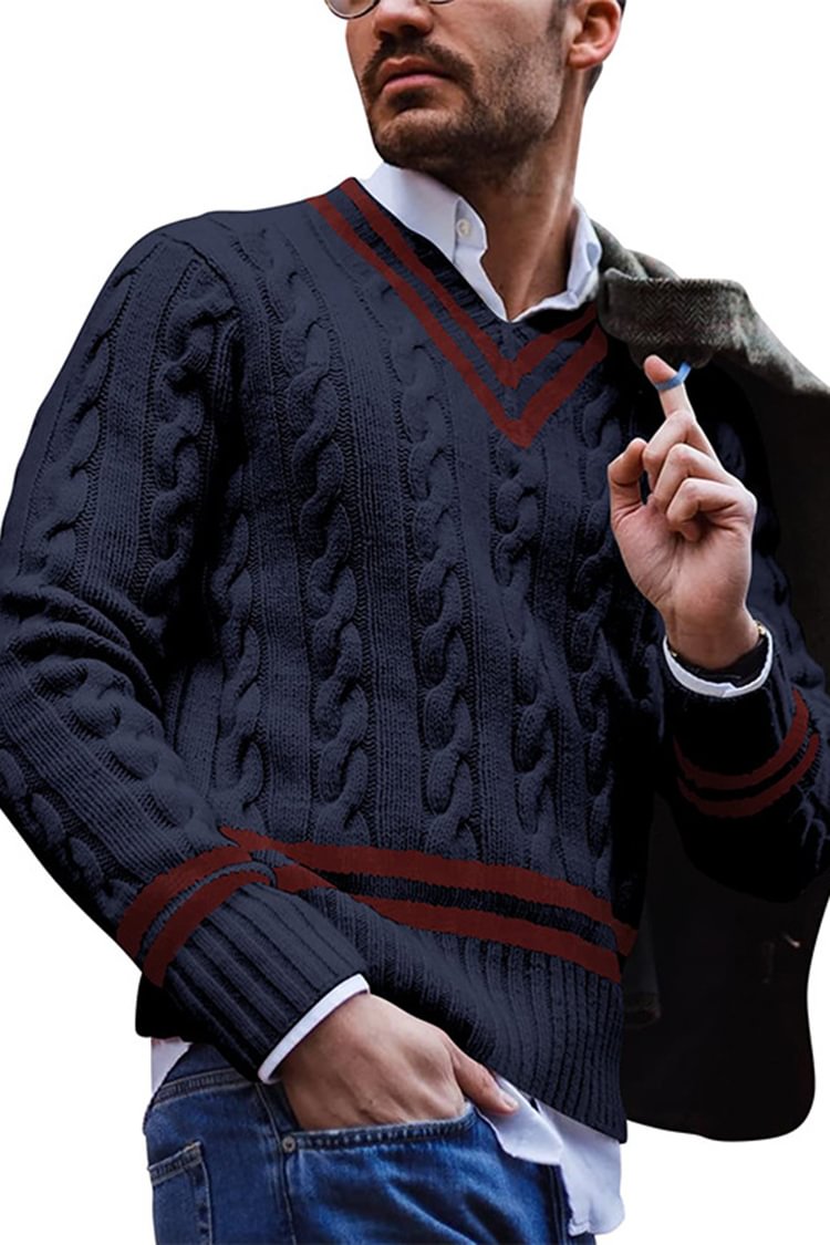 Tiboyz Men's V-Neck Striped Colorblock Knit Sweater