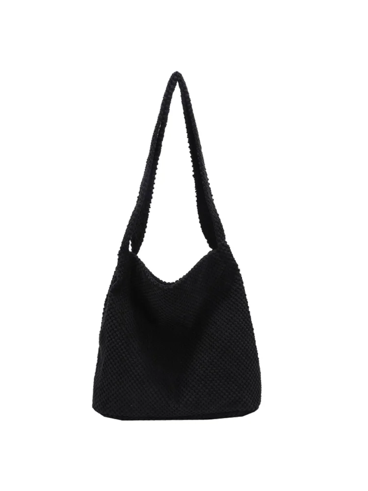 Women Knitting Solid Color Shoulder Bag Lady Zipper Large Handbag (Black)