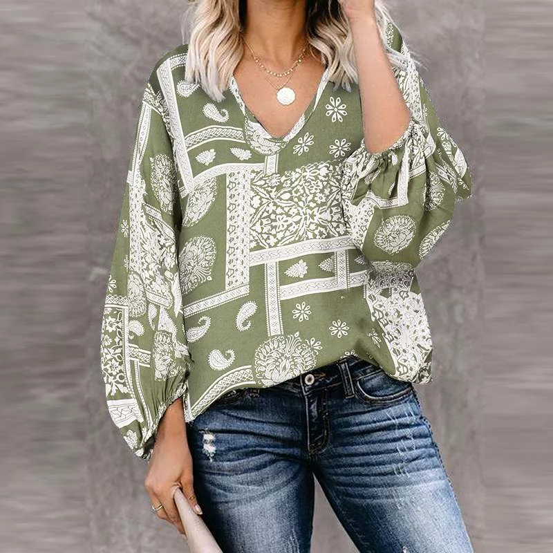 ZANZEA Women Blouse Autumn V Neck Long Sleeve Shirt Vintage Floral Printed Holiday Tops Femme Casual Party Blusas Loose Tunic