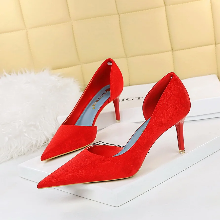 Colourp Colourp Fashion Sexy Thin, High, Shallow Pointed Cloth Side Hollow Women's Single Shoes