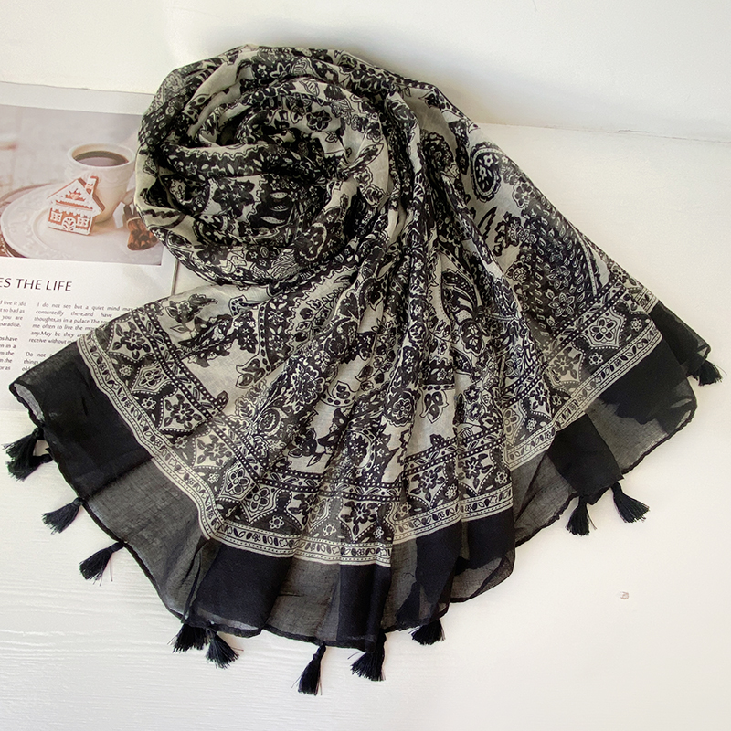 Soft Bali Yarn Cotton-Linen Scarf: Black Porcelain Tassel Travel Shawl for Women