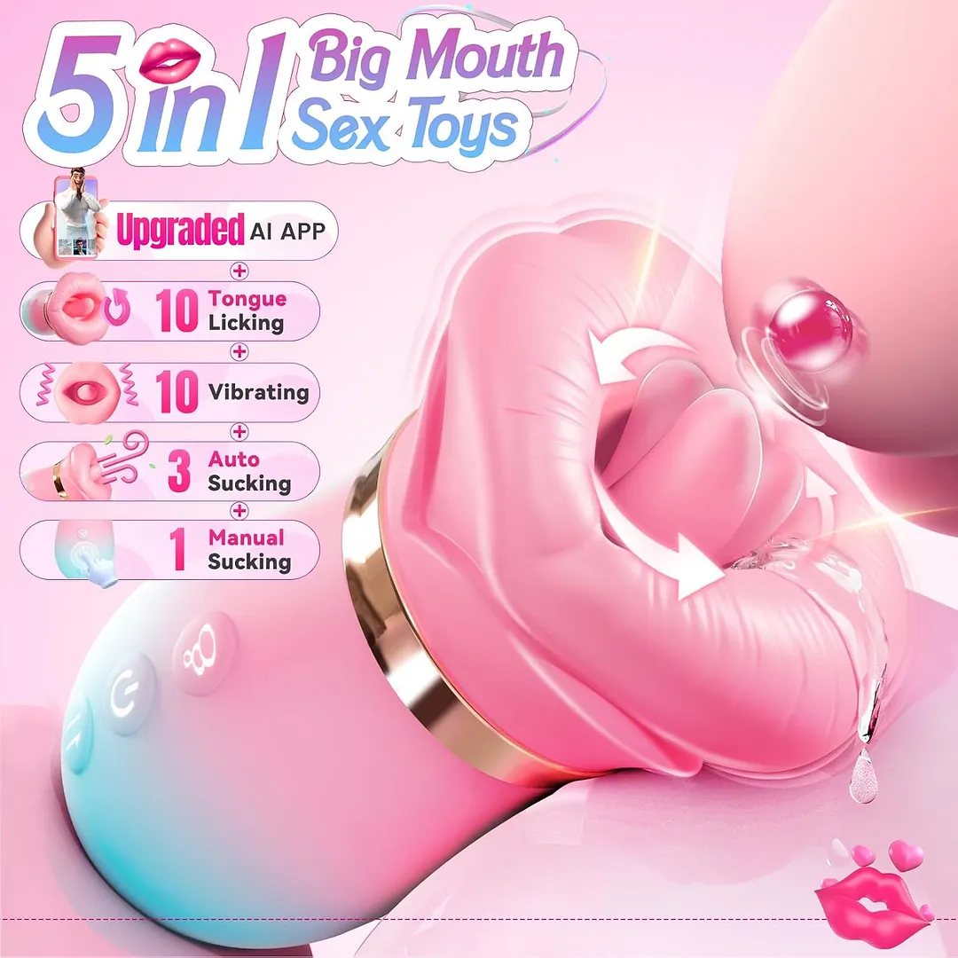 Vibrator pentru femei - Sovokn jucărie sexuală 5 &icirc;n 1 cu funcție de aspirare &icirc;n gură, formă de trandafir, 10 funcții de lingerea limbii, 3 funcții de aspirare automată și 1 funcție manuală, control prin aplicație, vibratoare pentru stimularea clitorisului