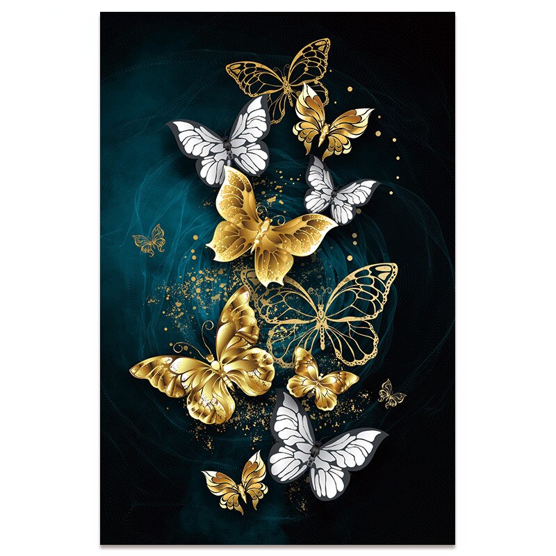 Modern Home Art Canvas Painting Blue Gold Butterfly Dragonfly Poster Leaf Picture Office Study Decoration Background Mural