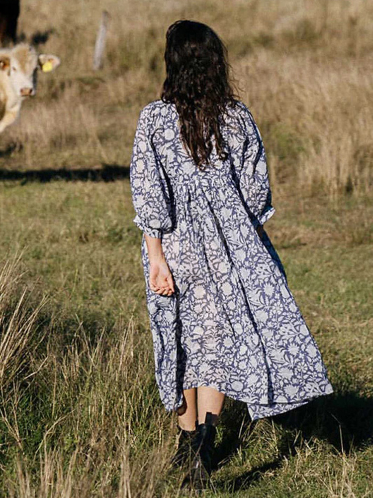 Boho Print V Neck 3/4 Sleeve Midi Dress wearshes