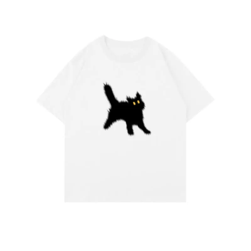 Cartoon Cat Print Round Collar Oversized T-Shirt