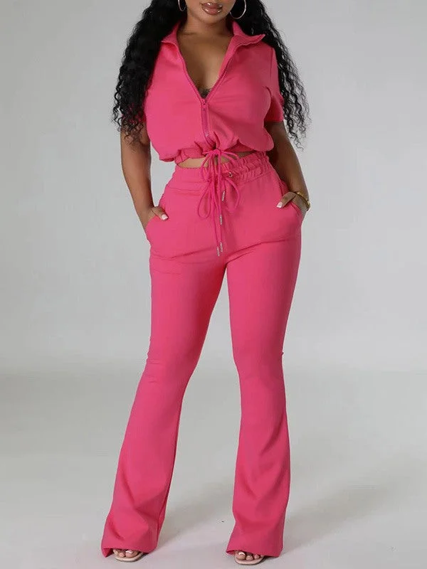 Fashion Solid Zip Top & Drawstring Pants Set