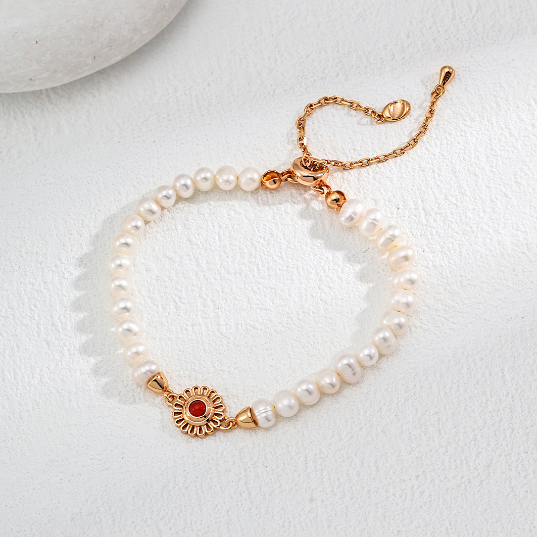 Flower Red Agate Pearl Gold Plated Beaded Bracelet
