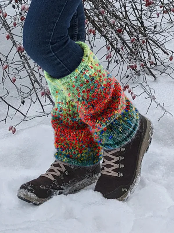 Floral retro print knit boot cuffs leg warmers