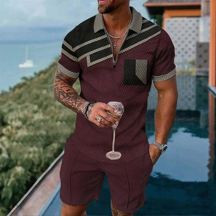 BrosWear Men's Patchwork Casual Short Sleeve  Polo Shirt And Short Co-Ord