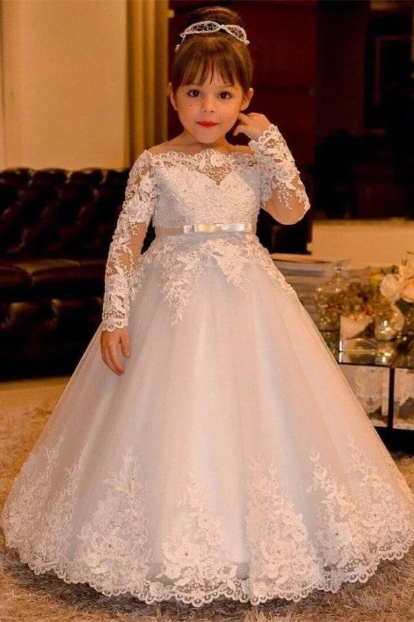 Hellodresses A-line Bateau Long Sleeve Backless Flower Girl Dress Lace With Bowknot Lace Appliques 