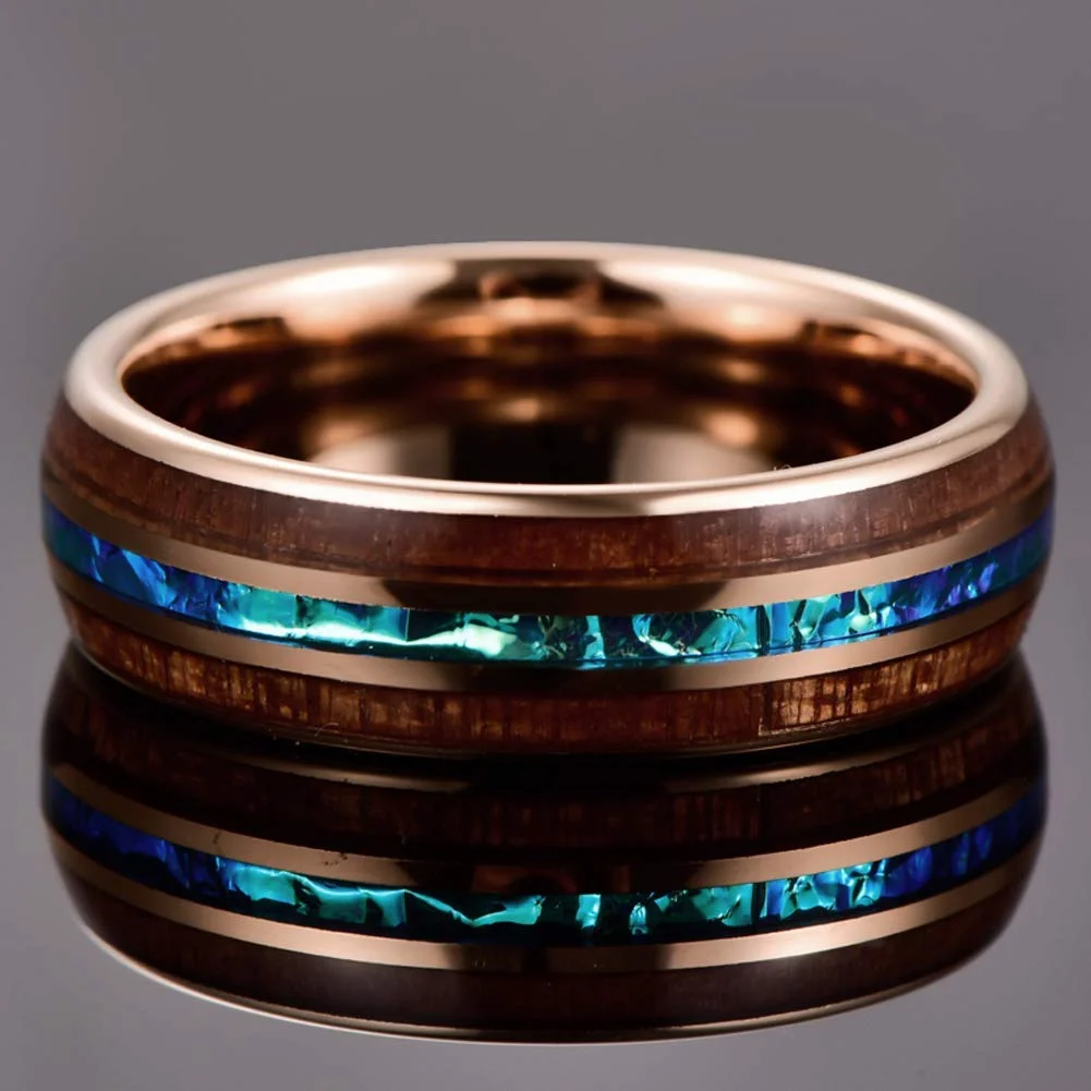 6MM 8MM Hawaiian Koa Wood and Rose Gold+Abalone Shell Imitated Opal Inlay Tungsten Carbide Wedding Bands for Womens Mens Comfort Fit