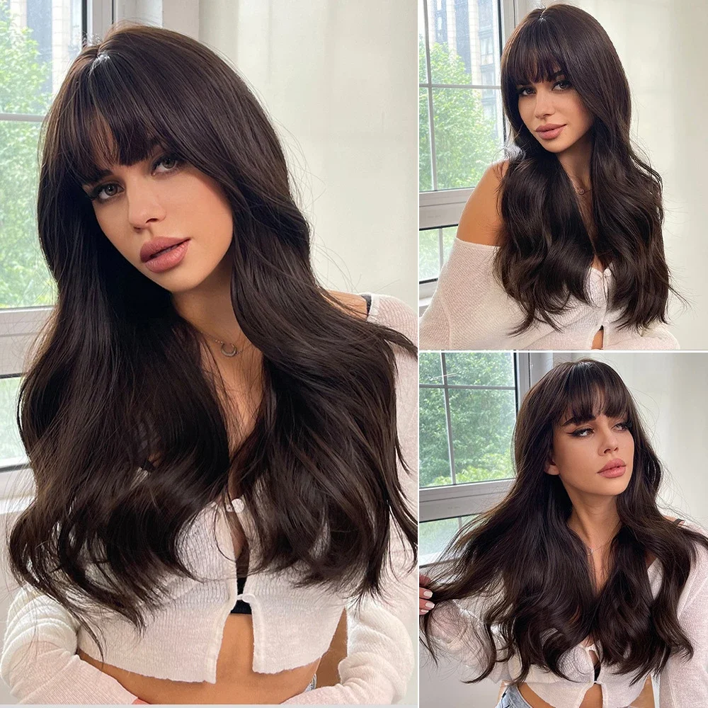 Long Brown Wigs with Bangs  Wave Synthetic Wigs for  Women