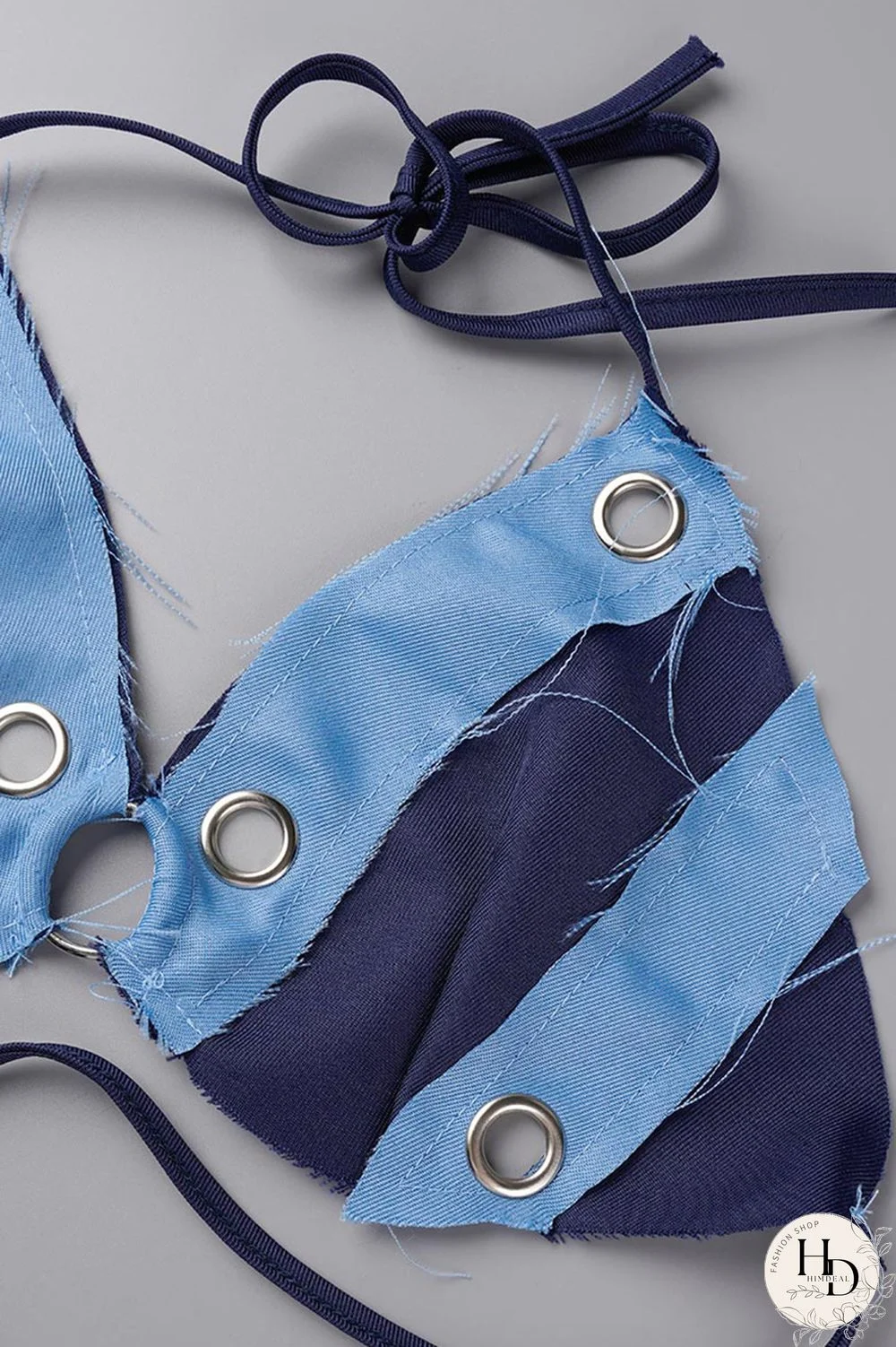 Black Gray Sexy Patchwork Bandage Hollowed Out Backless Contrast Halter Sleeveless Two Pieces