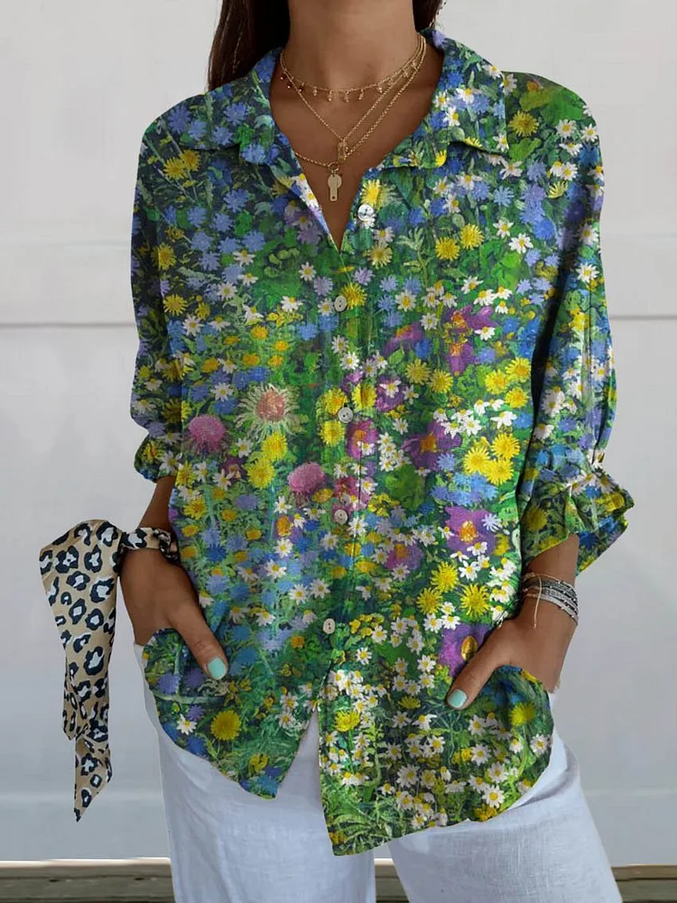 Women's Vintage Lovely Floral Art Print Casual Linen V-neck Shirt