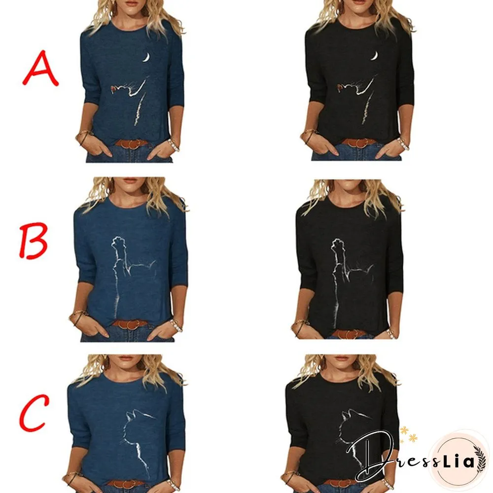Cute Cat Print Long Sleeved Womens Shirt Spring Autumn Casual