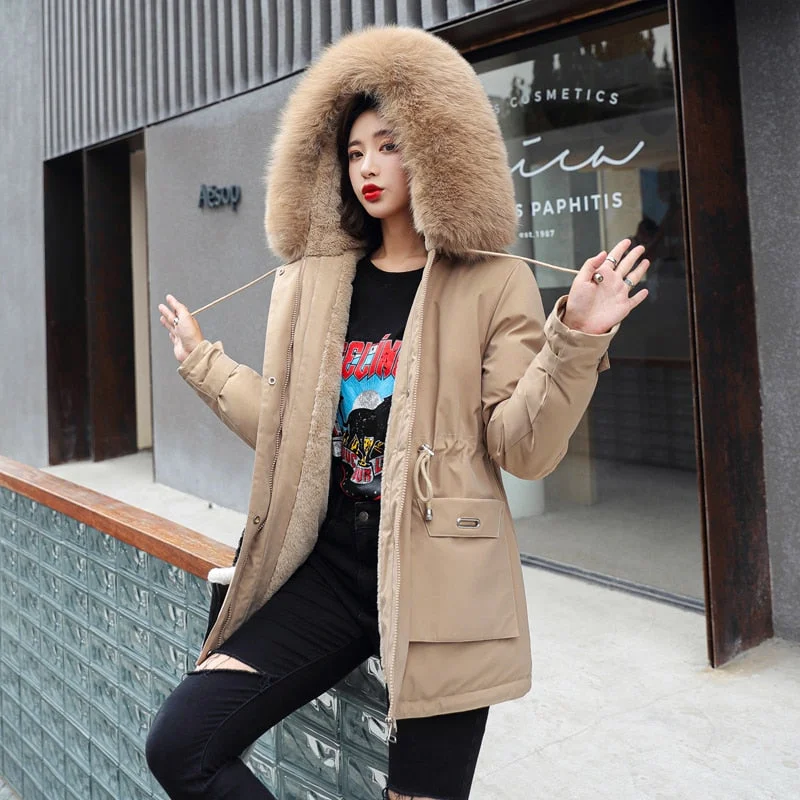 FTLZZ Large Fur Collar Hooded Jacket Winter Coat Women Thickness Cotton Padded Overcoat -30 Degree Snow Outwear Fur Lining Parka