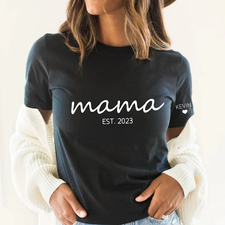Personalised Chest Text Customization Mama Est Year T-shirt, with Children's Names on the Sleeve, Mother's Day Gift