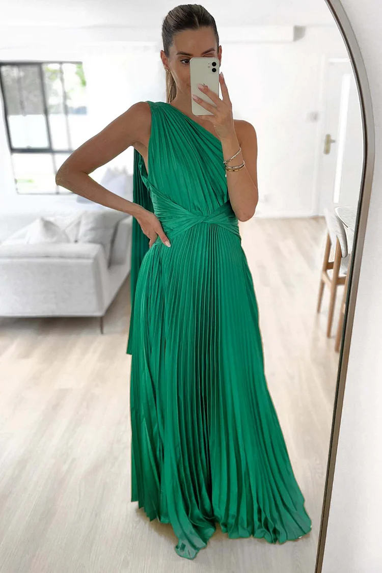 One Shoulder Sash Twisted Pleated Satin Formal Party Maxi Dress