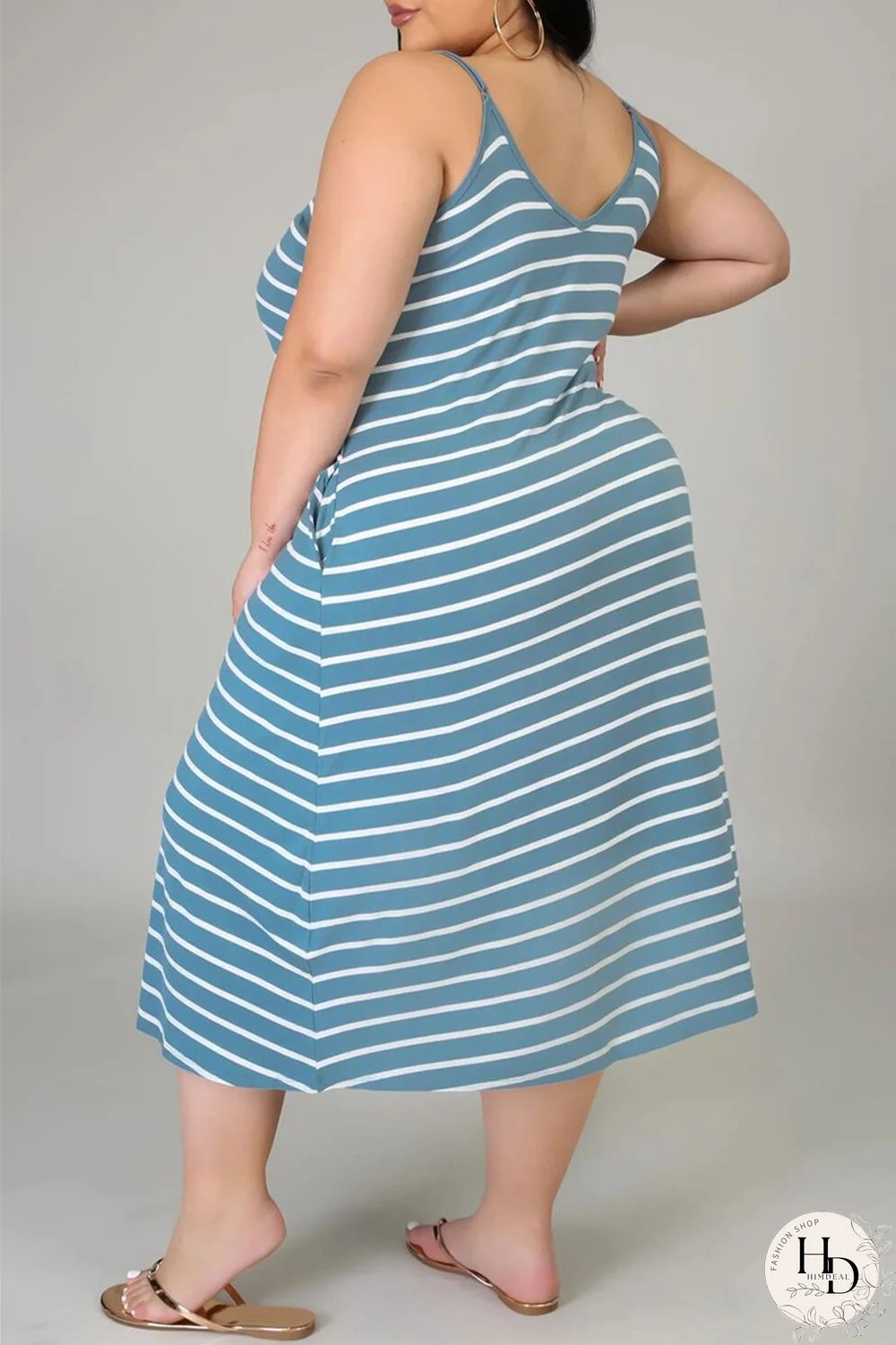 Deep Blue Sexy Casual Plus Size Striped Print Backless Spaghetti Strap Sleeveless Dress
